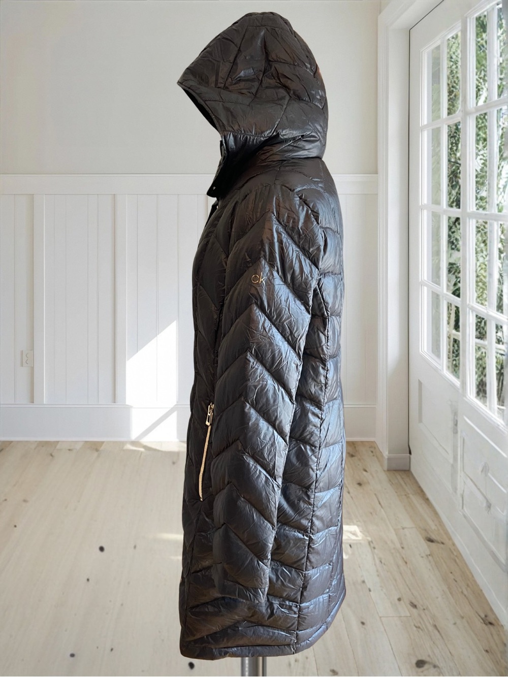 NWOT CALVIN KLEIN Women's M Black Down Chevron Long Puffer Coat No Pack Bag - Picture 6 of 17